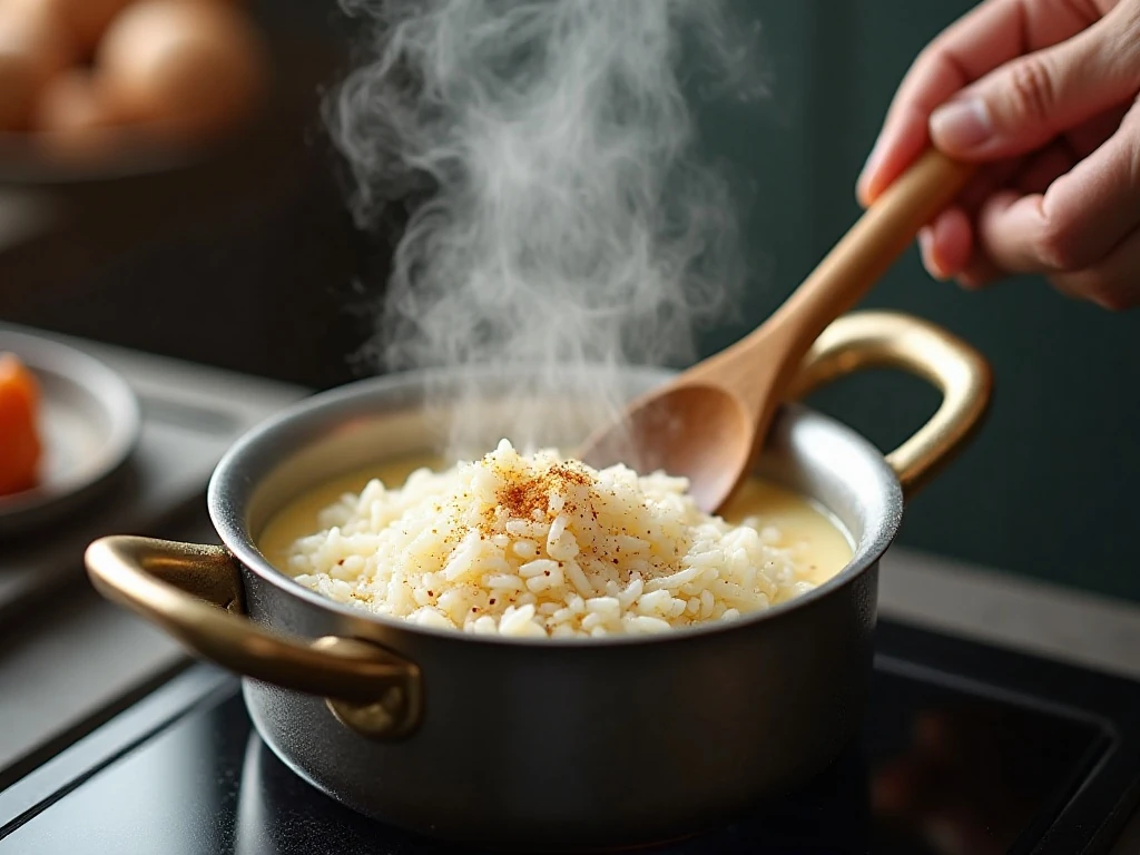 Stirring Minute Rice into boiling seasoned liquid