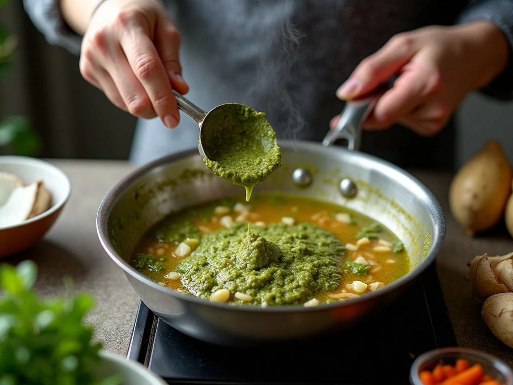 Frying Thai green curry paste with aromatics