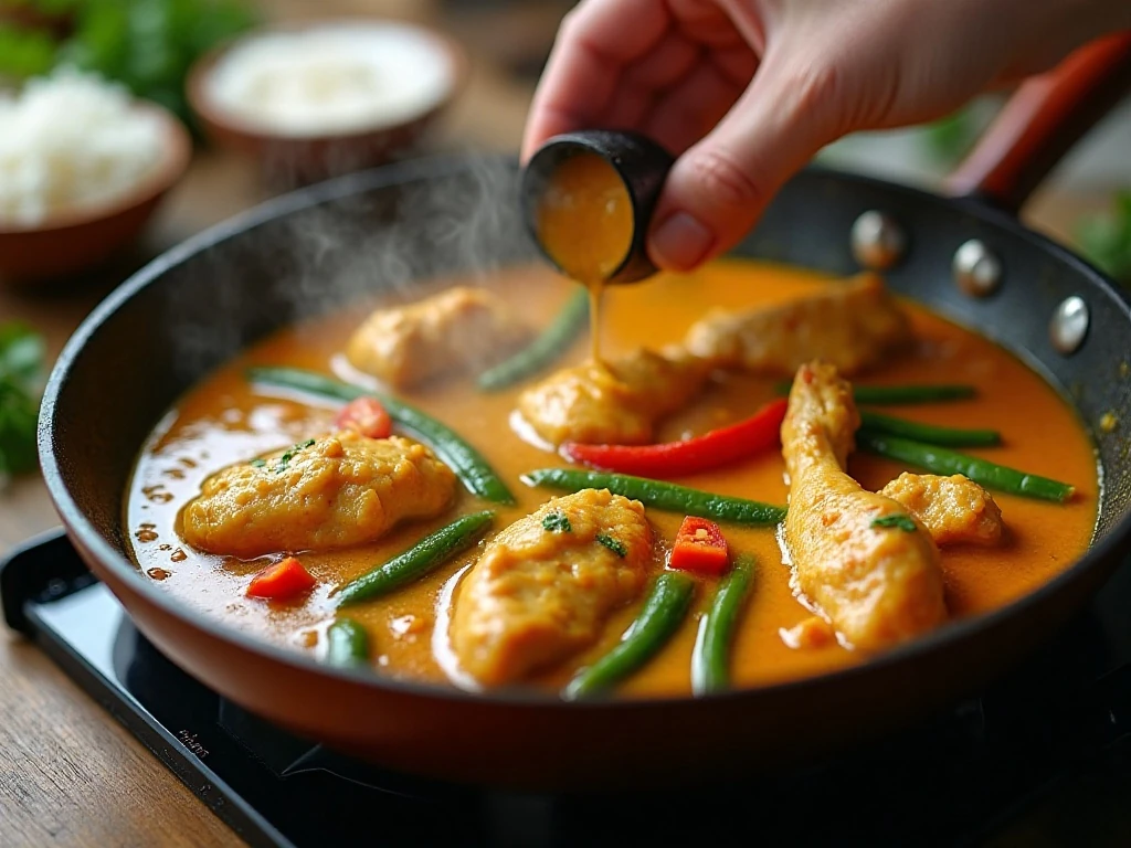 Thai green curry gently simmering in coconut sauce
