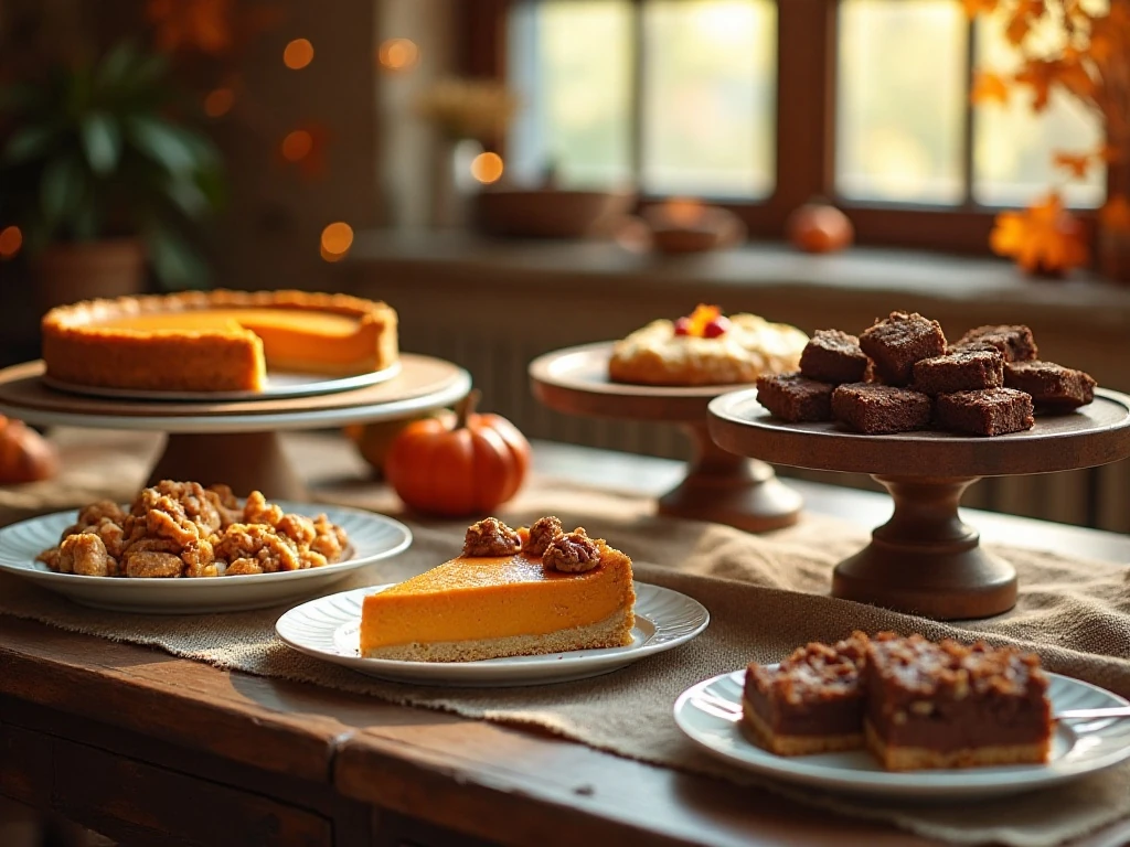 Assortment of Thanksgiving desserts on a festive dessert table