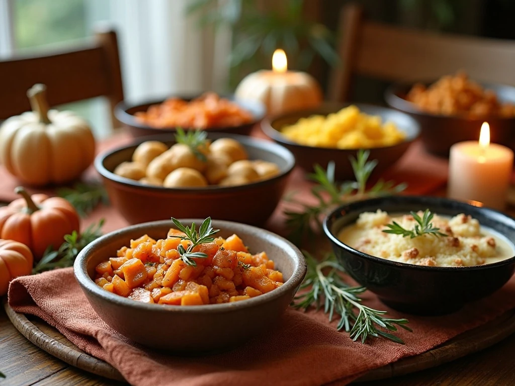 A colorful Thanksgiving table filled with easy holiday side dishes