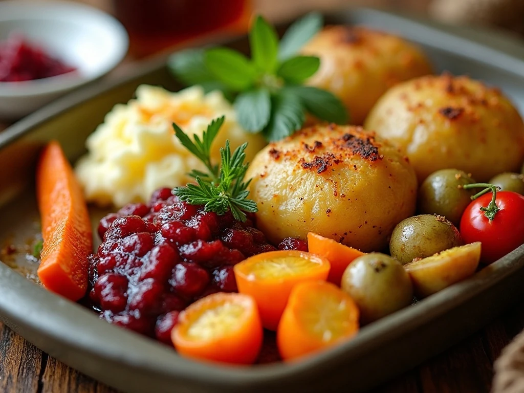 Balanced Thanksgiving side dishes with contrasting colors and textures