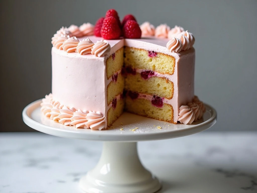 Two-layer raspberry cake with lemon buttercream and a slice showing fresh berries
