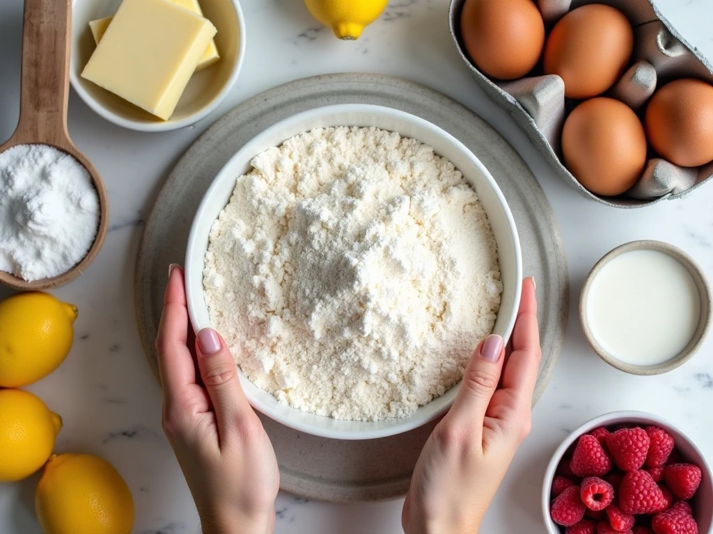 Ingredients for raspberry cake with lemon buttercream arranged on a counter