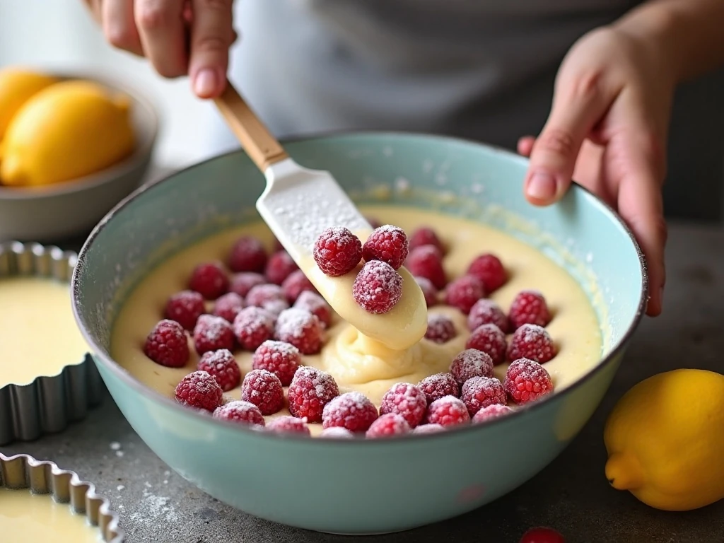 Folding flour-coated raspberries into lemon cake batter