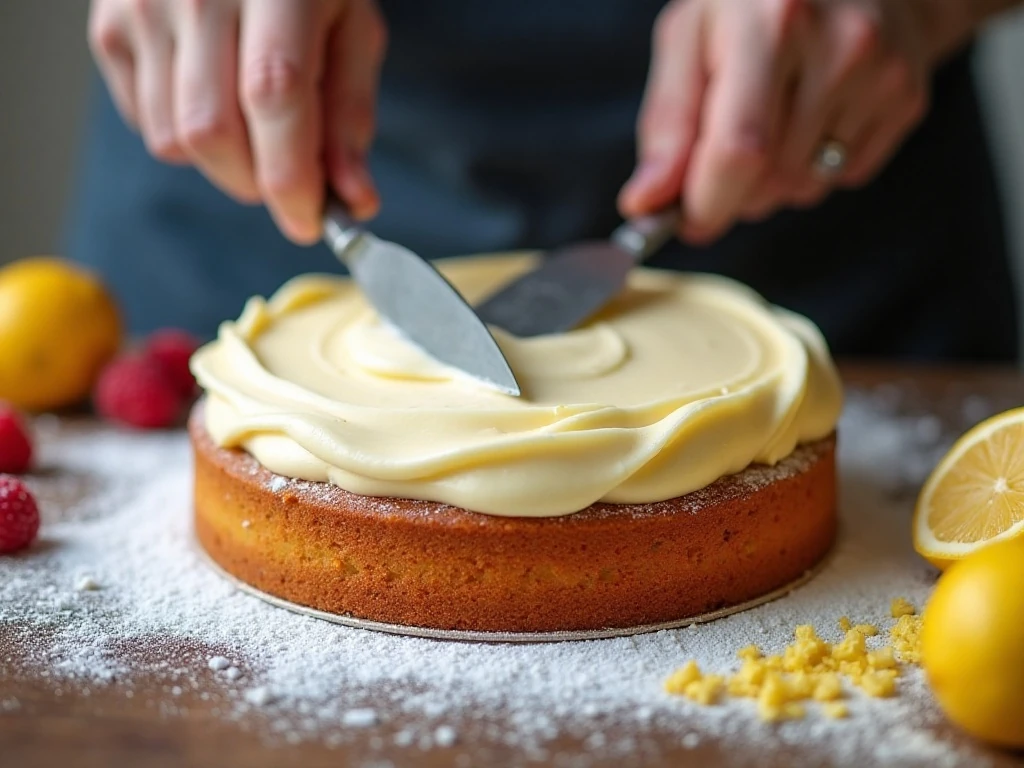 Spreading lemon buttercream over a raspberry cake layer