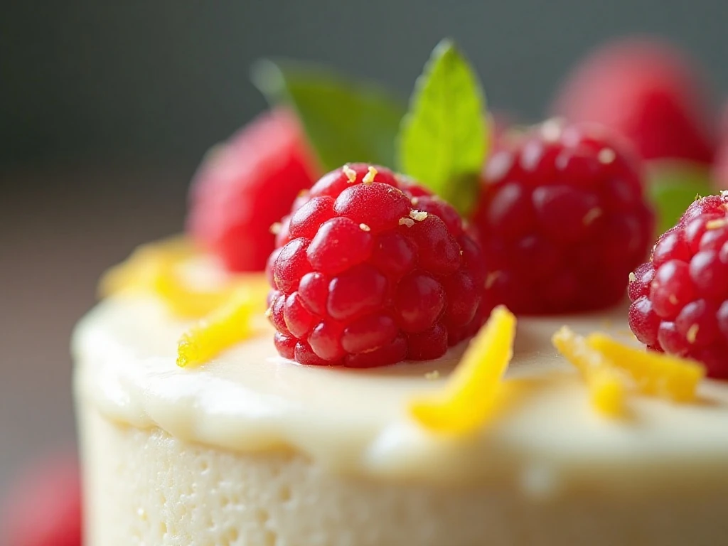 Fresh raspberry and lemon zest garnish on lemon buttercream cake