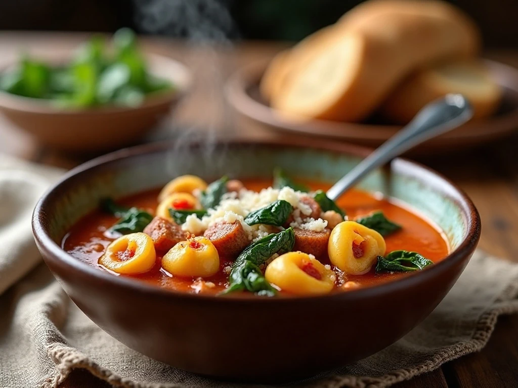 Bowl of comforting Italian sausage tortellini soup with spinach and Parmesan