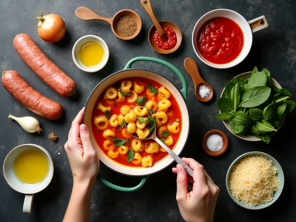 Ingredients for easy tortellini soup arranged on a counter