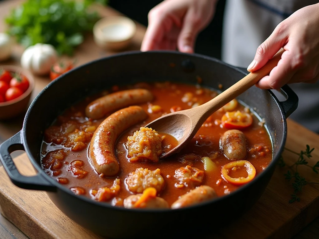 Cooking Italian sausage and onions for tortellini soup in a Dutch oven
