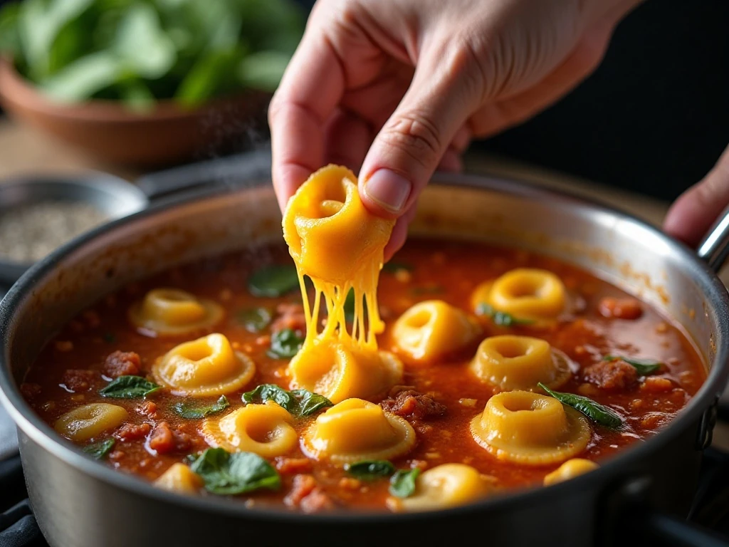 Cheese tortellini cooking in tomato broth before spinach is added