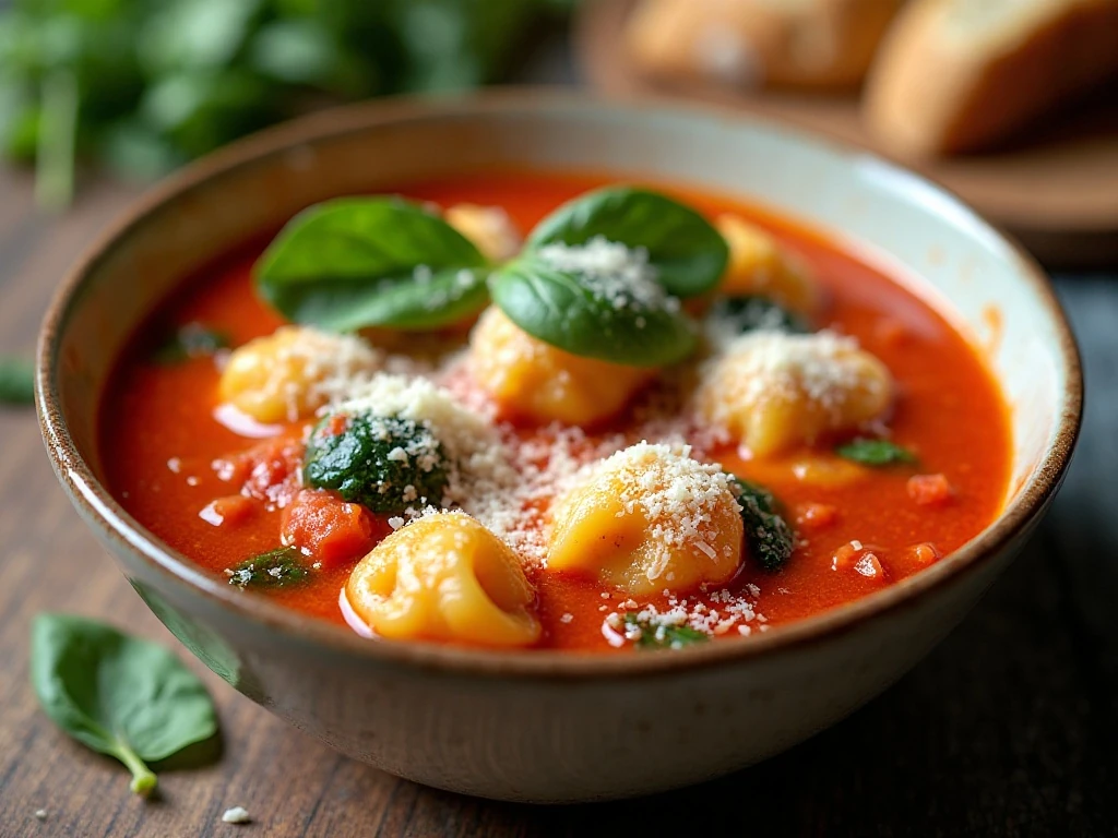 Parmesan garnished tortellini soup served with crusty bread