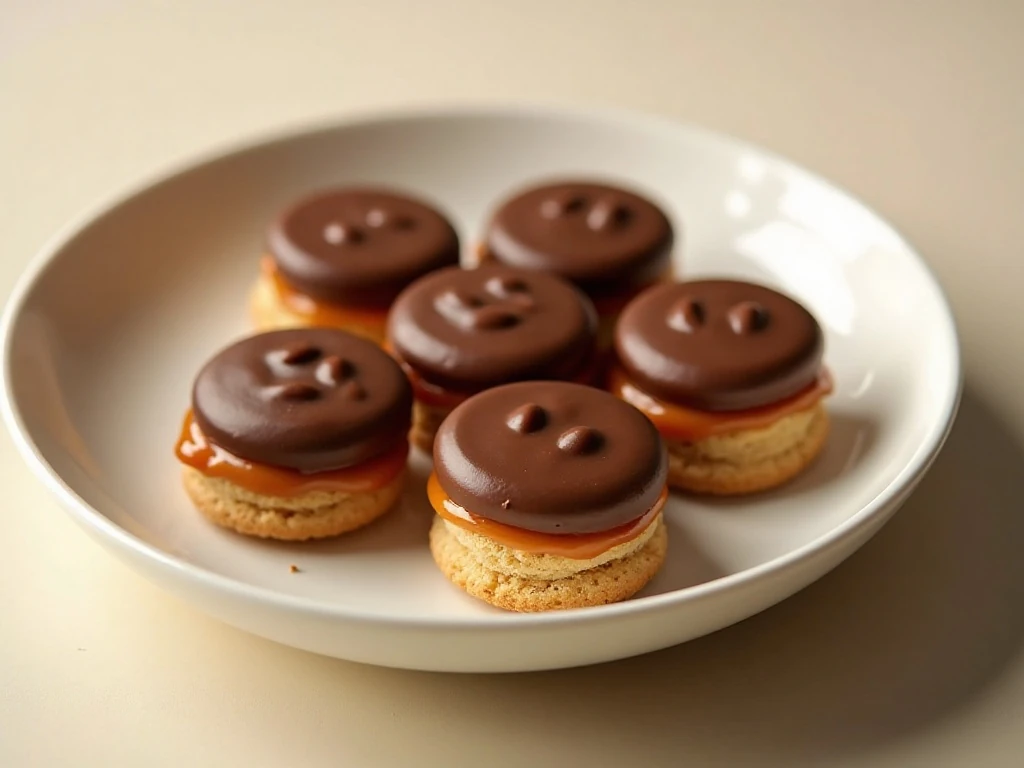 A plate of homemade 4-ingredient Twix cookies with shortbread, caramel, and chocolate layers