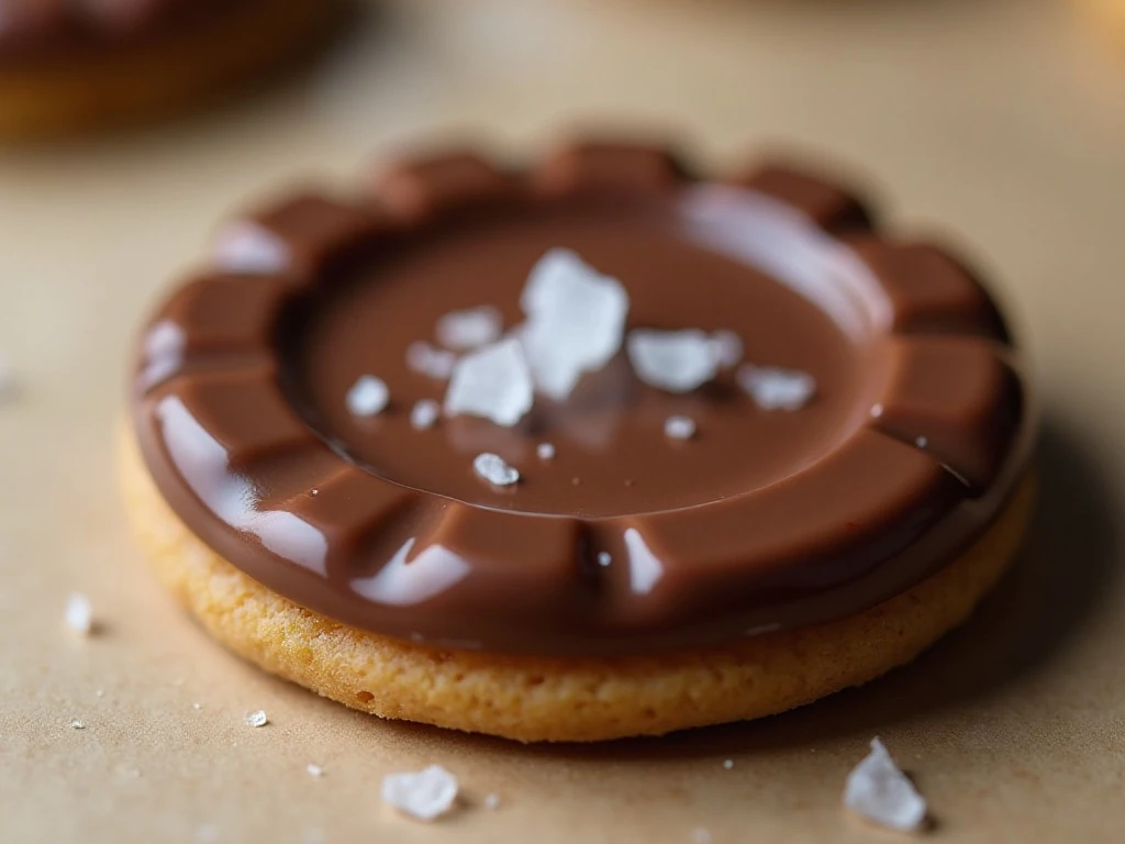 Chocolate-coated Twix cookie sprinkled with flaky sea salt