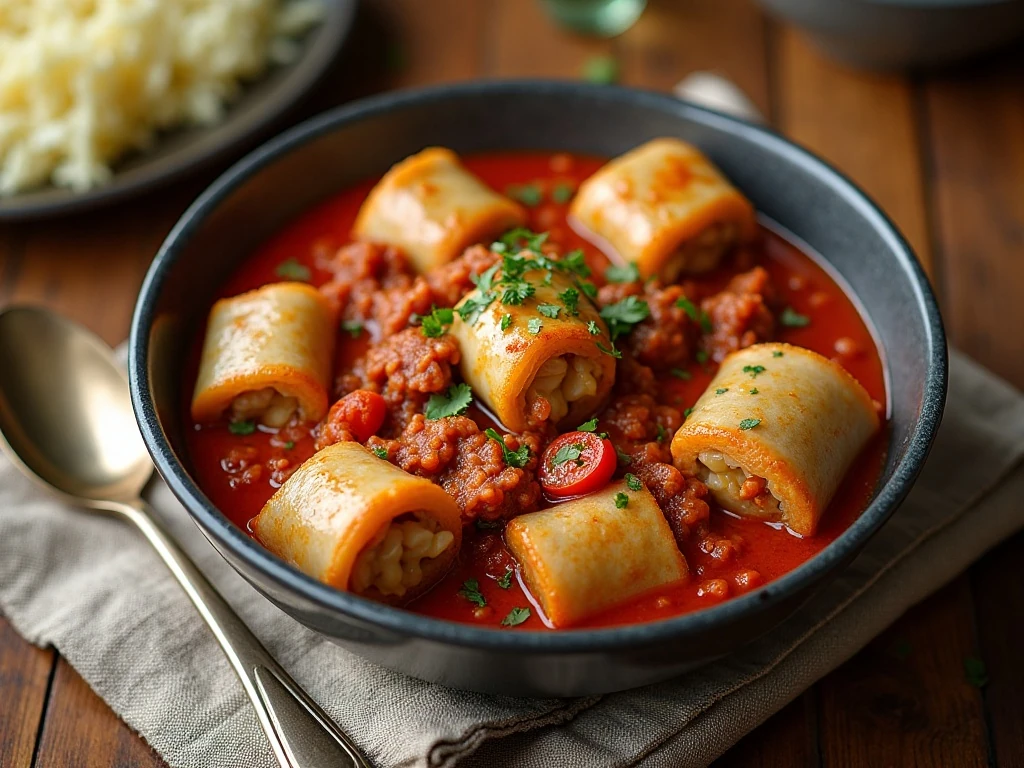 Bowl of easy unstuffed cabbage rolls with beef, rice, cabbage, and tomato sauce