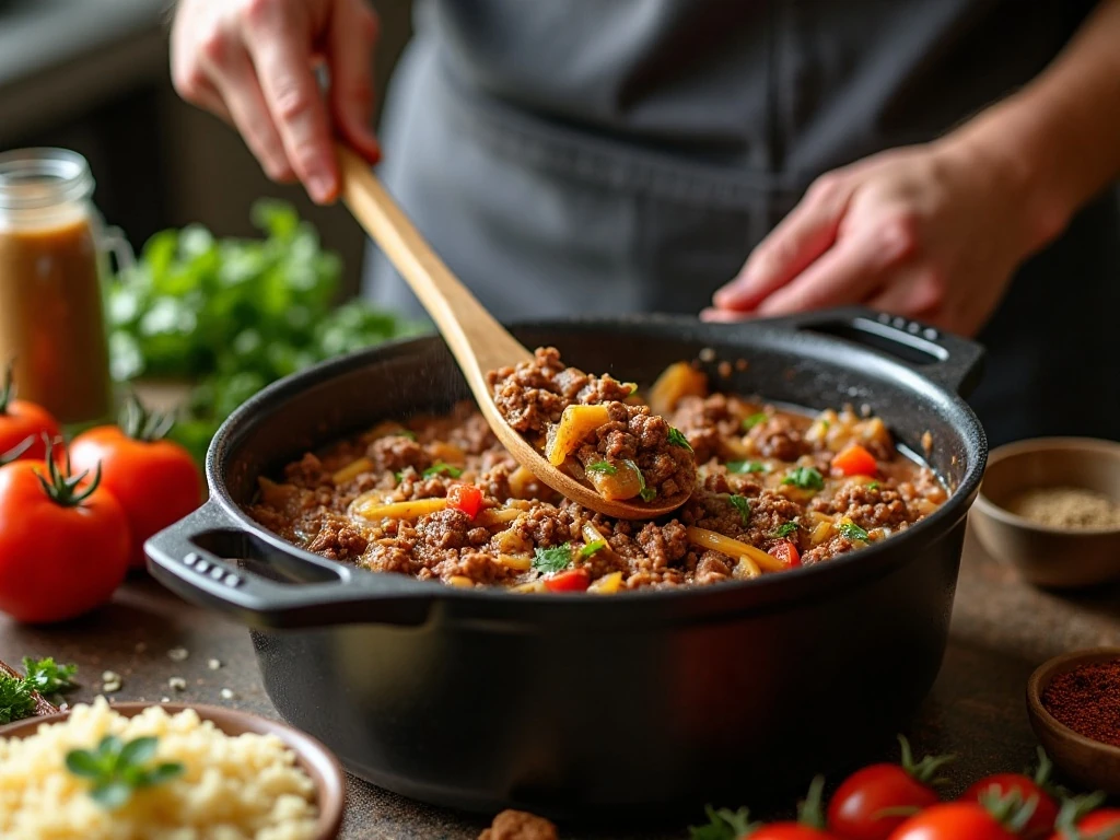 Cooking beef and cabbage for unstuffed cabbage rolls in a Dutch oven
