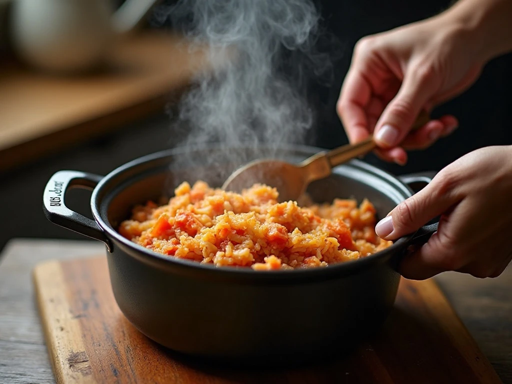 Tomato cabbage and rice mixture simmering for the best texture