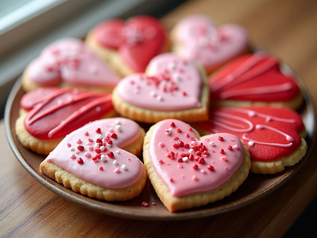 Heart-shaped Valentine's Day sugar cookies with pink and red icing