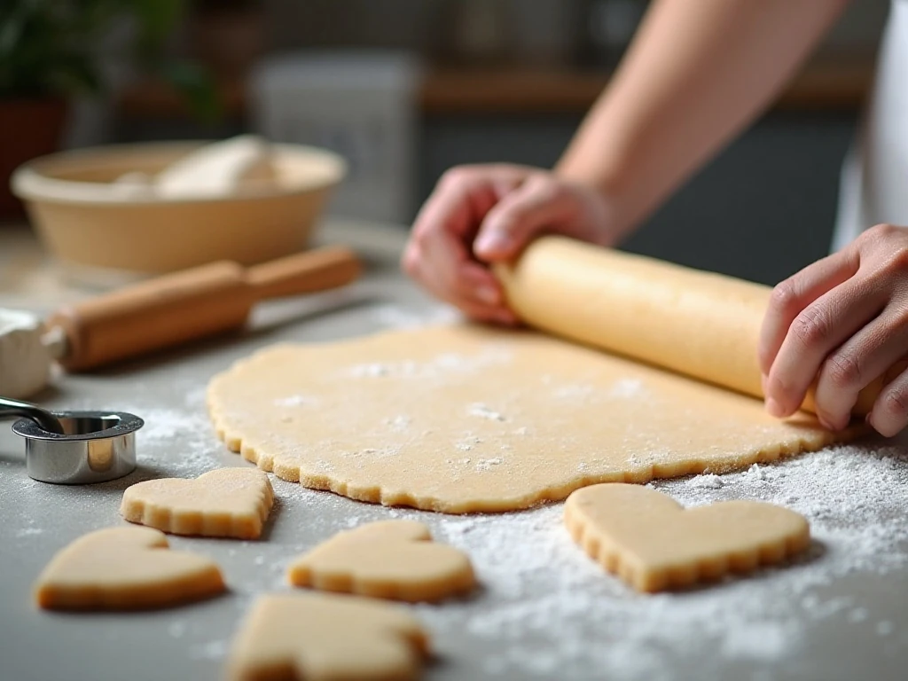 Rolling and cutting heart-shaped sugar cookie dough