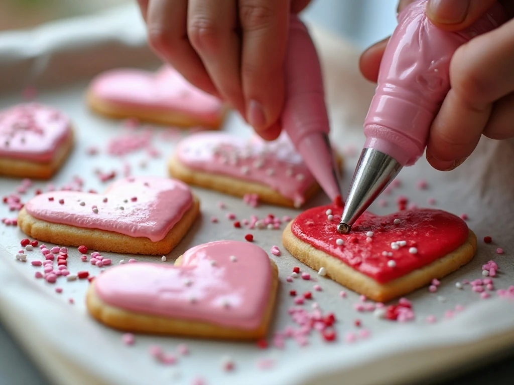 Decorating heart cookies with pink icing and sprinkles