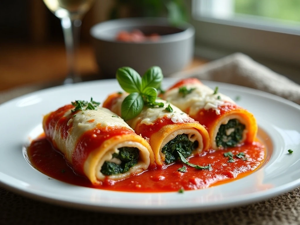 Vegetarian lasagna roll-ups served with marinara and melted mozzarella