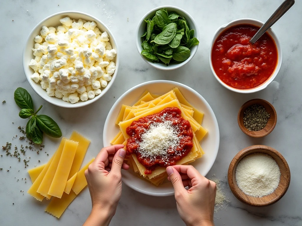 Ingredients for spinach ricotta vegetarian lasagna roll-ups