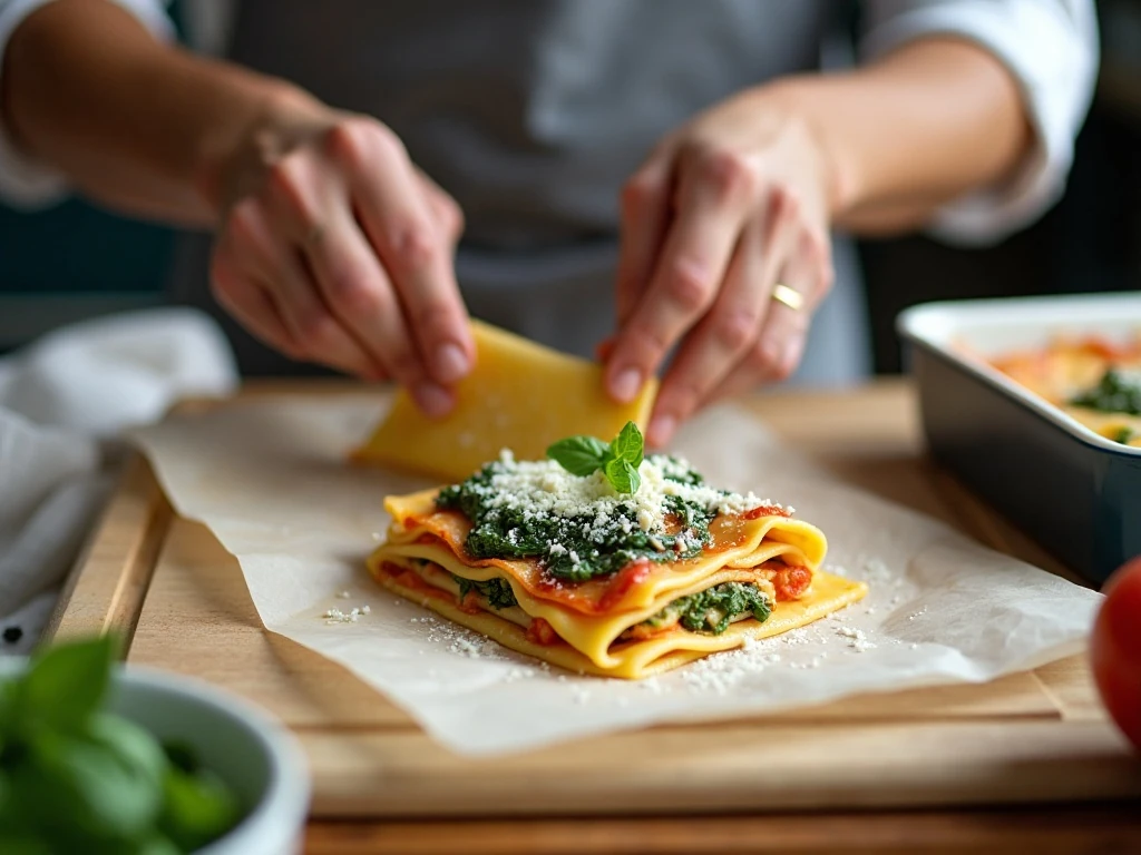 Spreading spinach ricotta filling onto a lasagna noodle