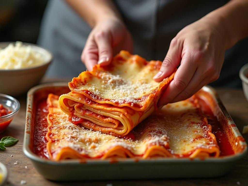 Lasagna roll-ups arranged seam-side down in a baking dish