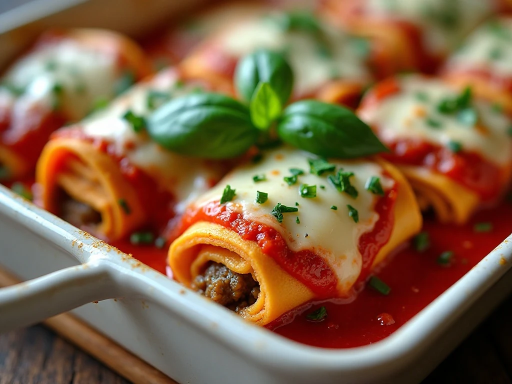 Baked lasagna roll-ups garnished with basil and parsley