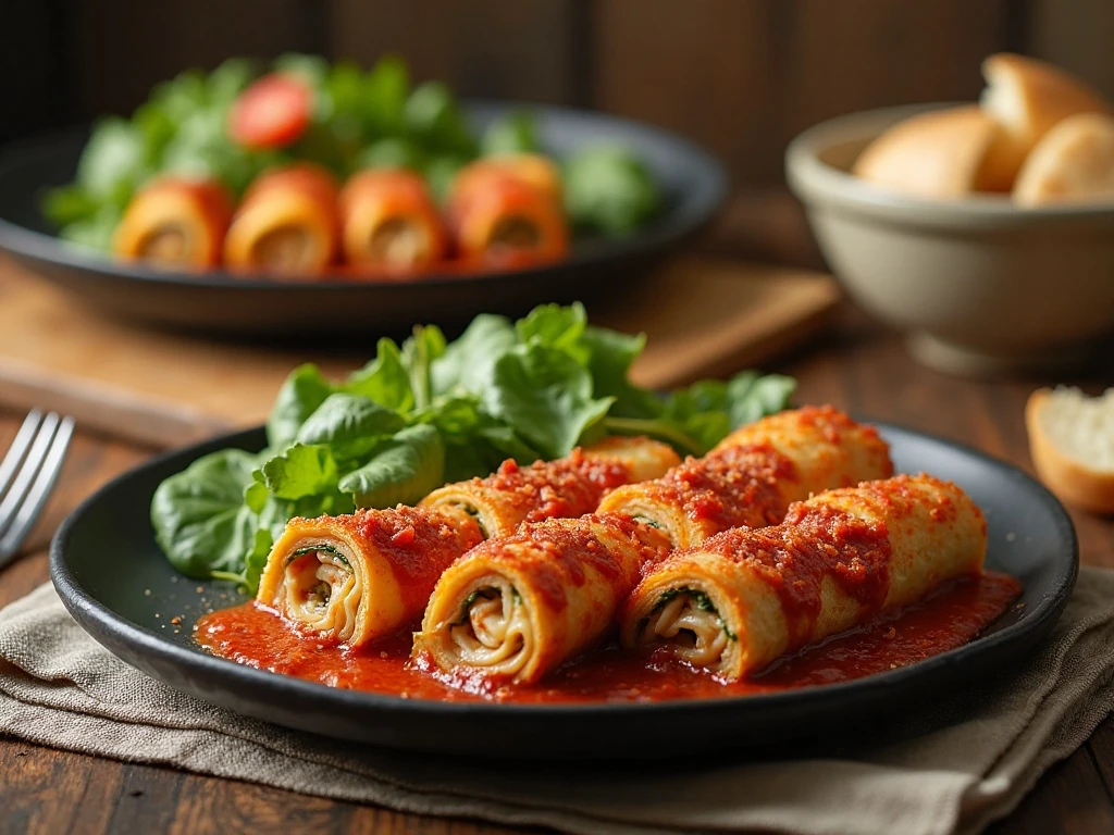 Vegetarian lasagna roll-ups served with salad and bread