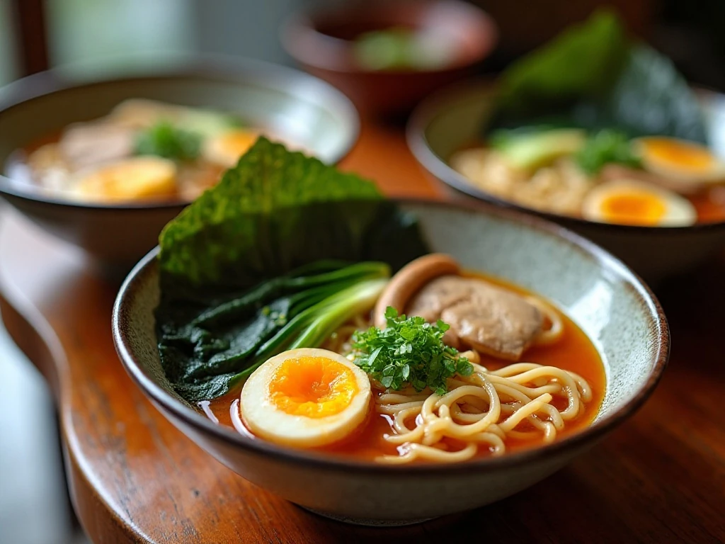 Bowls of easy vegetarian ramen with mushrooms, bok choy, corn, and eggs