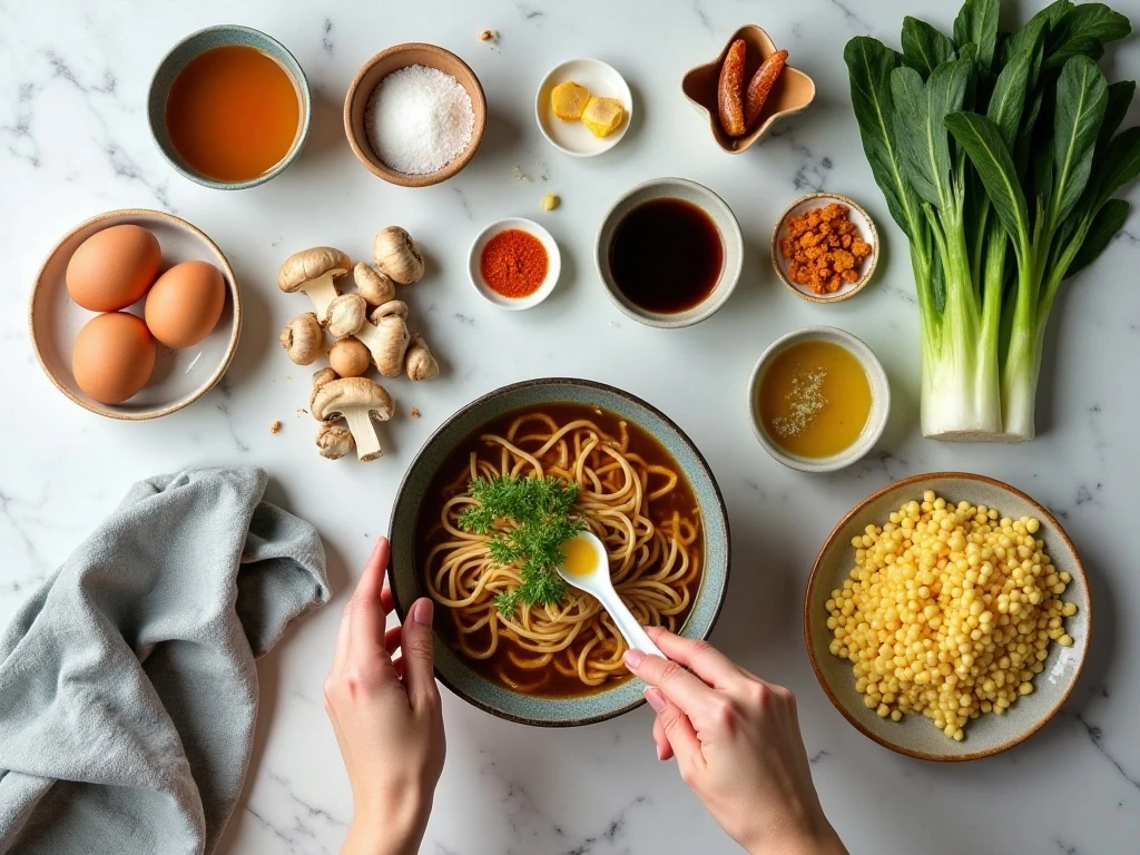 Ingredients for vegetarian ramen with rich savory broth