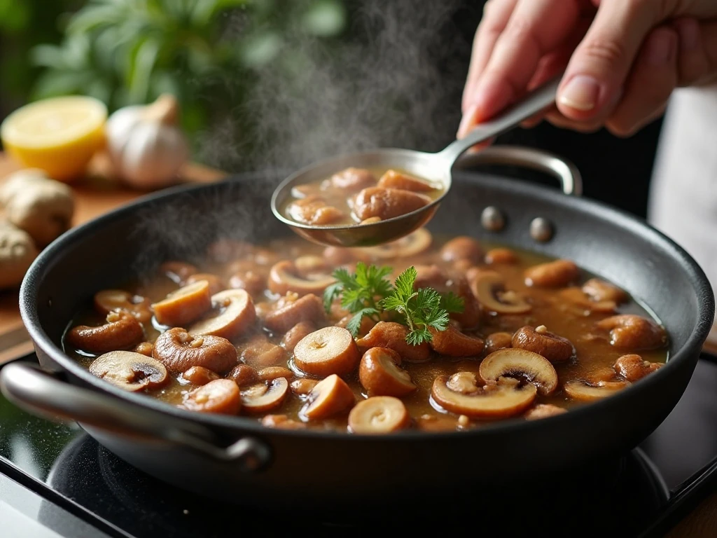 Browning shiitake mushrooms for vegetarian ramen broth