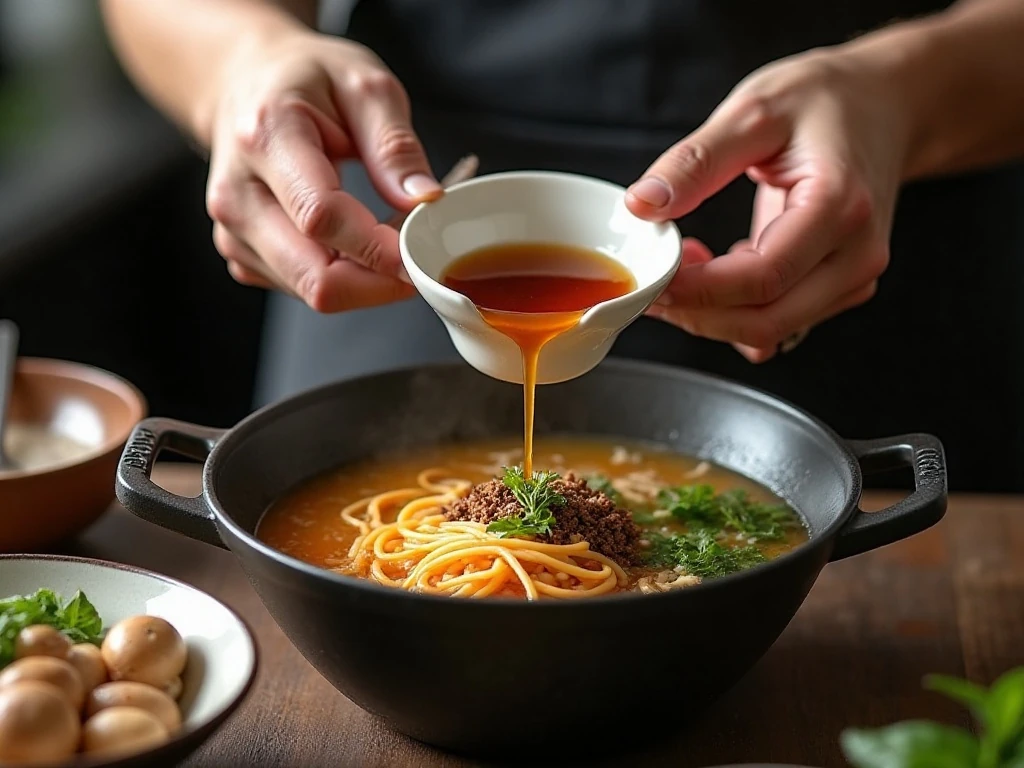 Whisking miso into hot broth for smooth vegetarian ramen