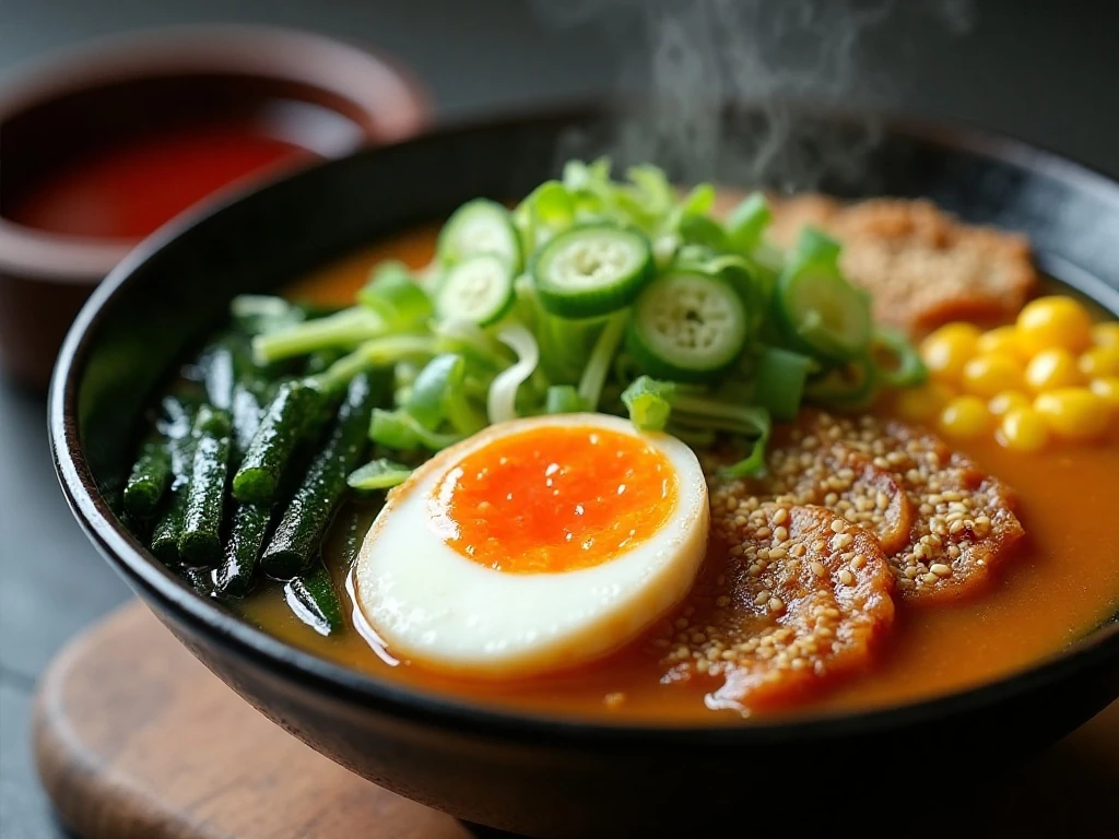 Vegetarian ramen topped with scallions, sesame, chili crisp, and egg