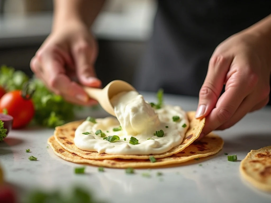 Spreading ranch cream cheese over a flour tortilla