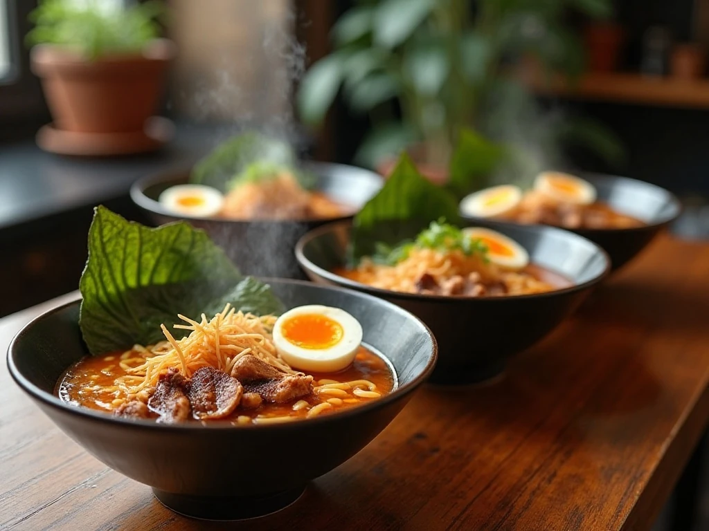 Four comforting homemade chicken ramen bowls with greens and jammy eggs