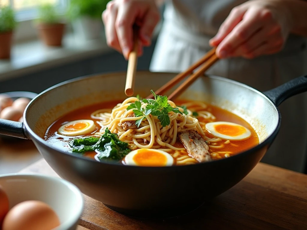 Cooking chicken ramen noodles and vegetables in a soy-ginger broth