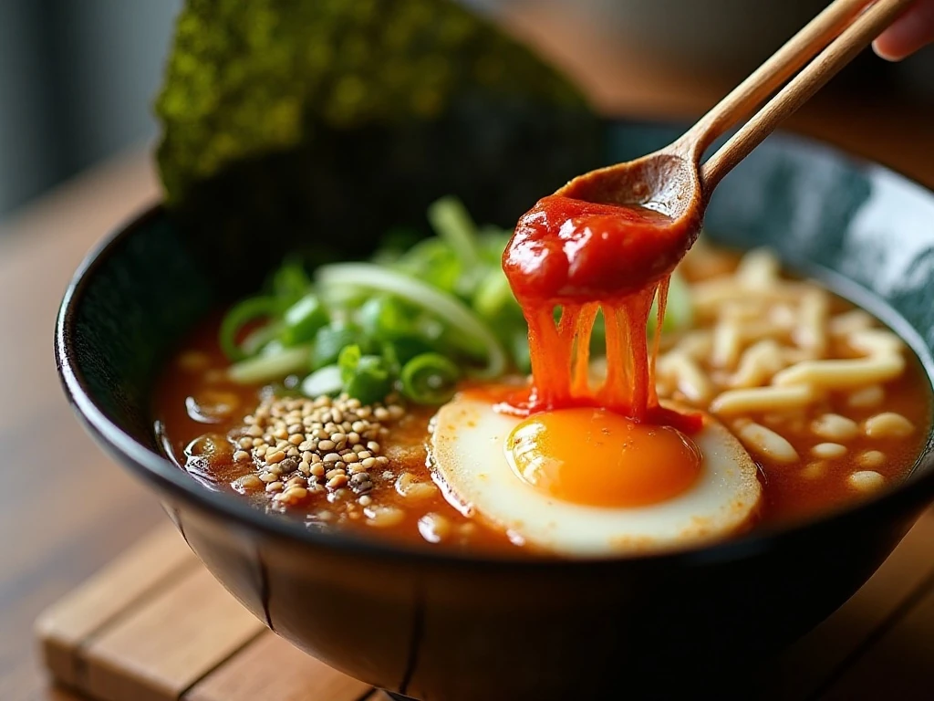 Ramen bowl garnished with green onions, nori, sesame seeds, and chili crisp