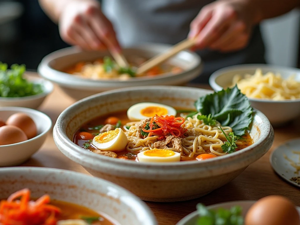 Stored ramen broth, noodles, eggs, and toppings for easy reheating