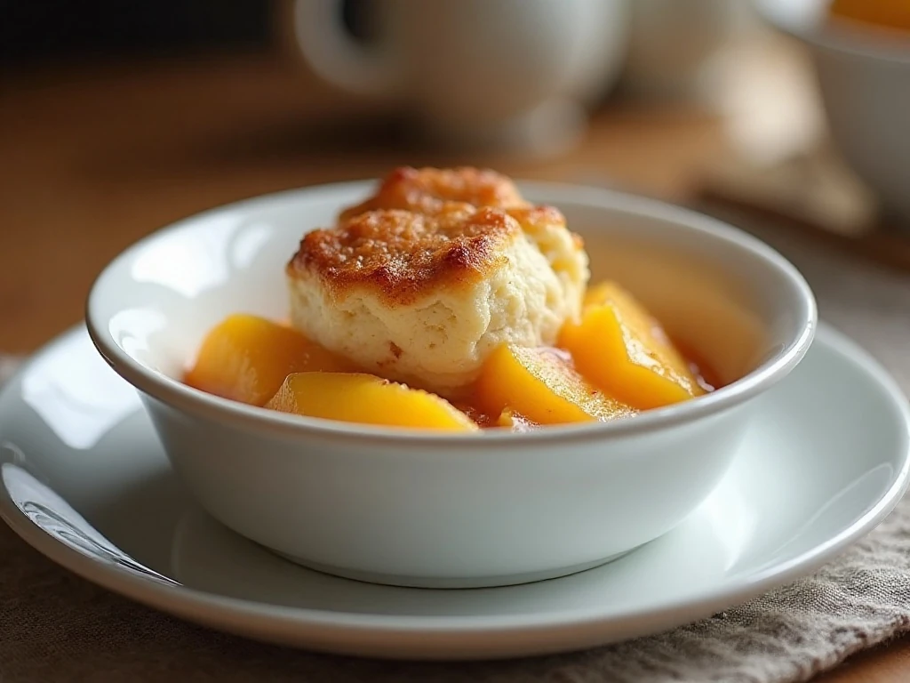 Warm golden peach cobbler served in a dessert bowl