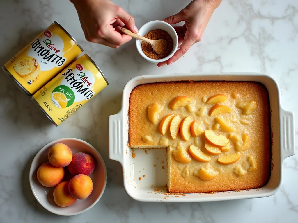 Ingredients for easy peach cobbler with cake mix and soda
