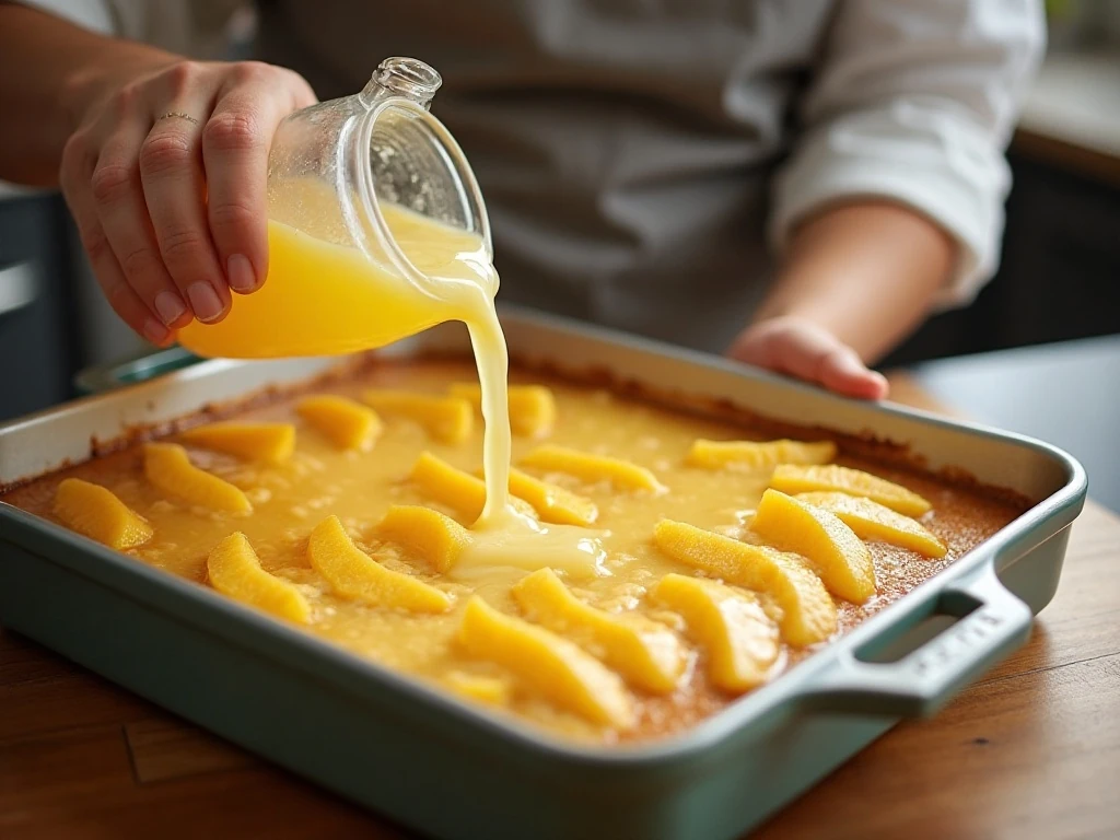 Pouring soda over cake mix and peaches for cobbler