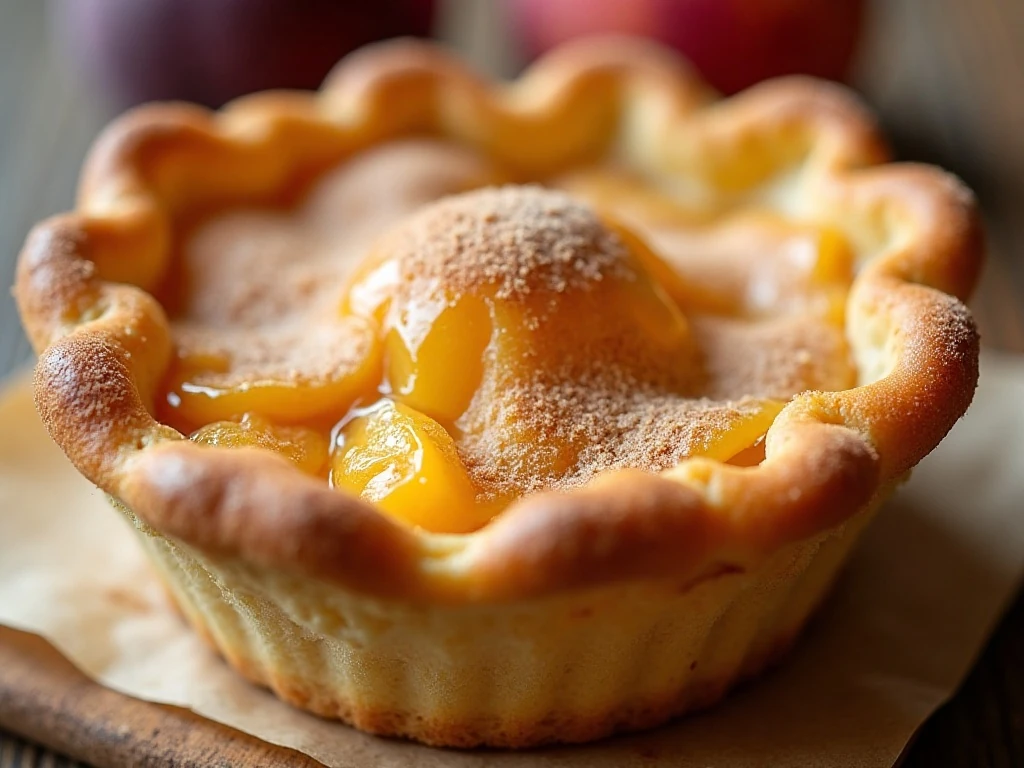 Golden peach cobbler topping with cinnamon and bubbling peaches