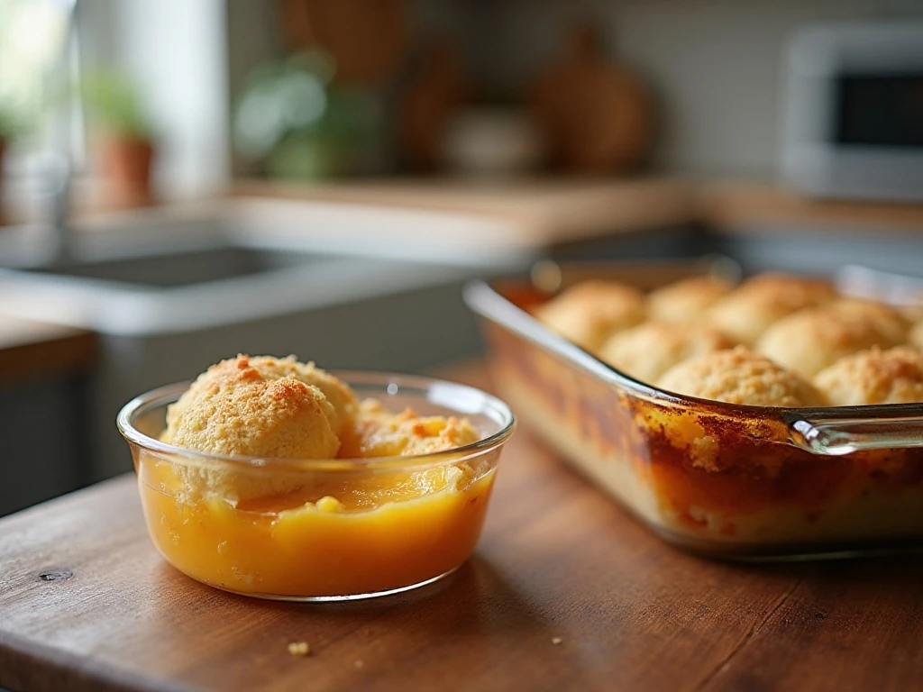 Stored and reheated peach cobbler portion