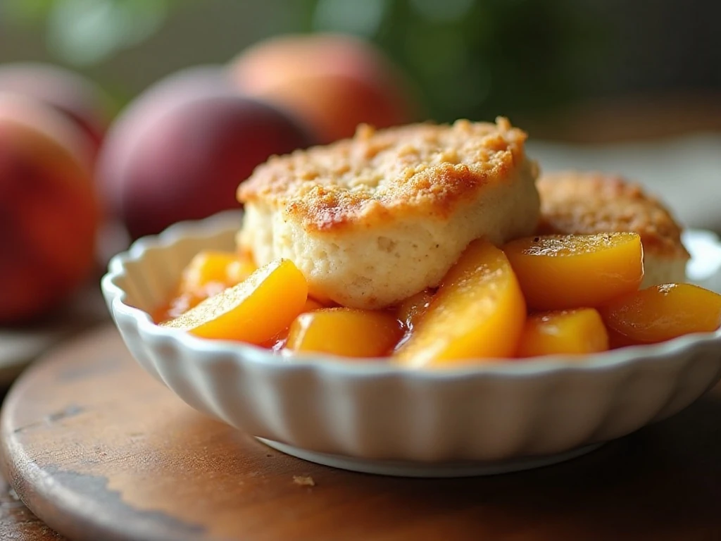 Warm easy Weight Watchers peach cobbler served in a bowl