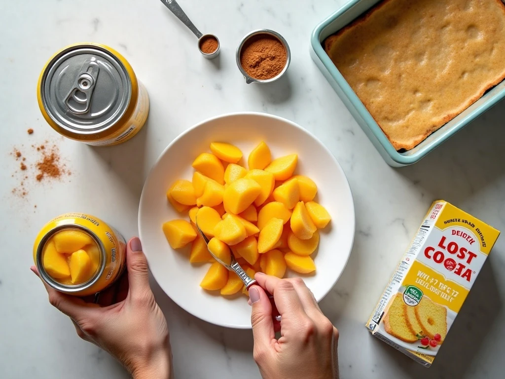 Ingredients for easy peach cobbler with cake mix and diet soda