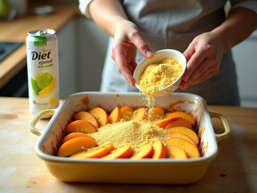 Layering peaches and cake mix for a simple peach cobbler