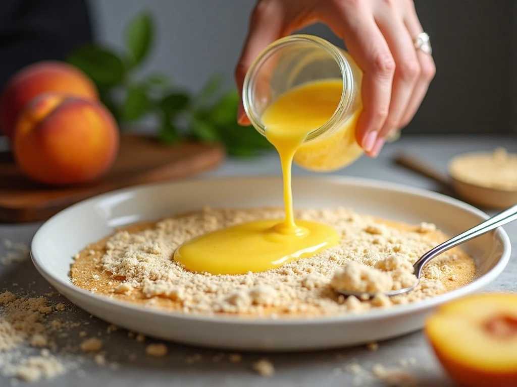 Pouring soda evenly over cake mix without stirring peach cobbler