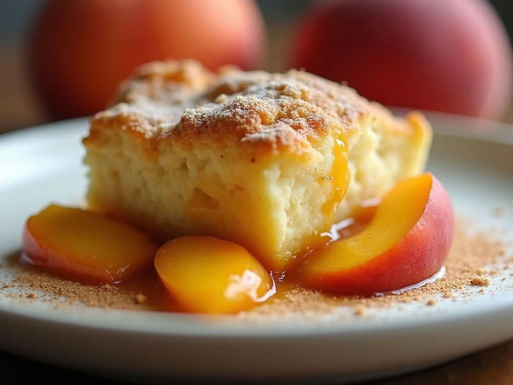 Cinnamon-topped serving of Weight Watchers peach cobbler